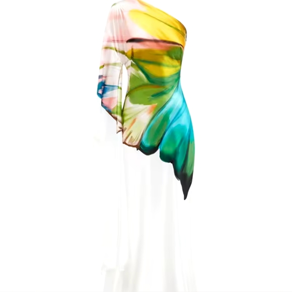 Women's Flower Printed Elegant Evening Dress One-shoulder Long Sleeve - Picture 5 of 5